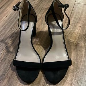 Black suede chunky heels in size 8 like new. Strap around heel. Like new